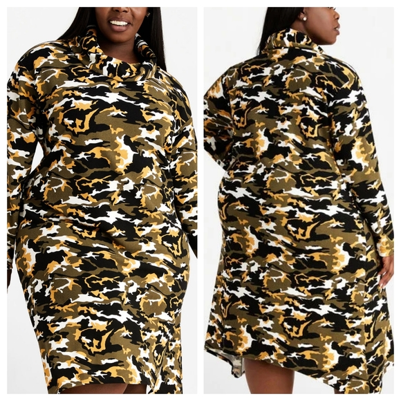 "Ashley Stewart" Camo Drapey Cowl Neck Bodycon Asymmetric Army Fatique Dress - Picture 6 of 15